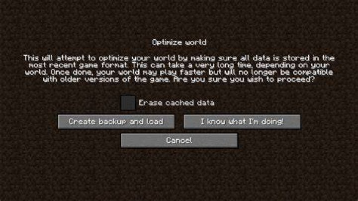 What does optimize world do in minecraft